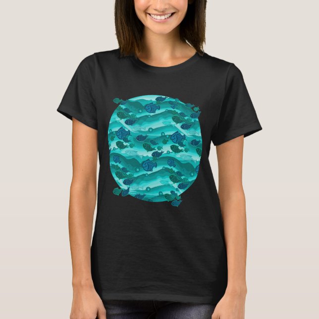 Turkos Vågor Fiskmönster T Shirt (Framsida)
