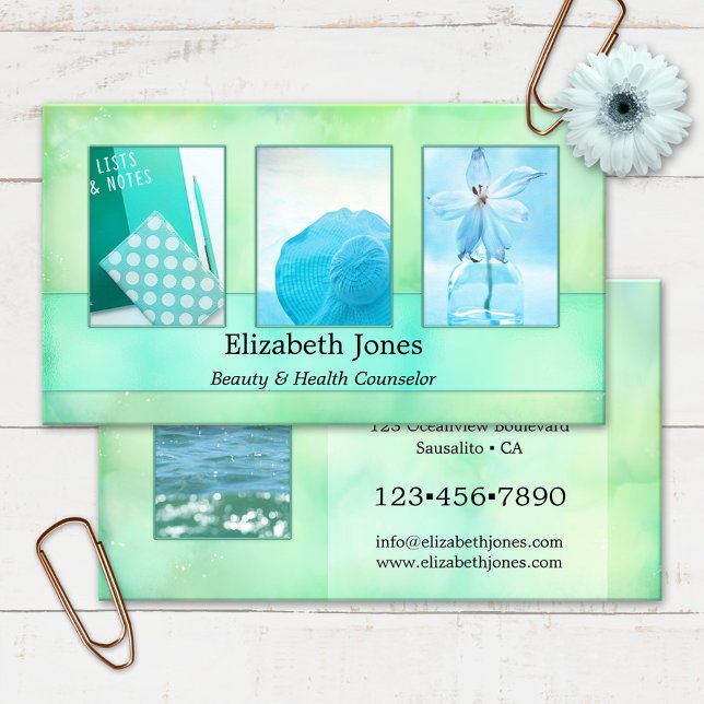 Turkos Vattenfärg Abstrakt Dina Foton Visitkort (Business card featuring your own photos framed by a turquoise watercolor abstract design)