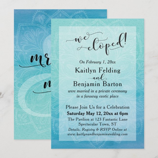 Turkos Vattenfärg Ombre Mandala Vi Gifta Oss Utoml Inbjudningar (Fram/baksida)