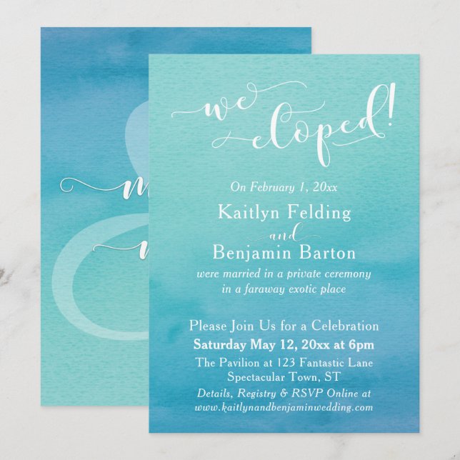 Turkos Vattenfärg Ombre Vi Flydde Bröllopsfest Mot Inbjudningar (Fram/baksida)