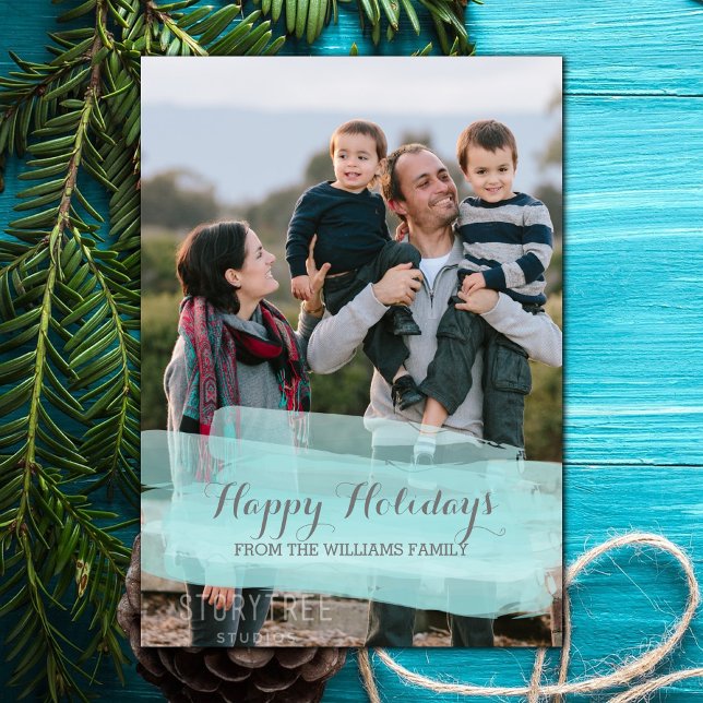 Turkos Vattenfärg Penseldrag Foto Kort (Turquoise Watercolor Brushstroke Holiday Photo Card)