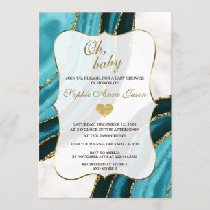 Turkos vattenfärgsagate Guld Baby Shower Inbjudningar