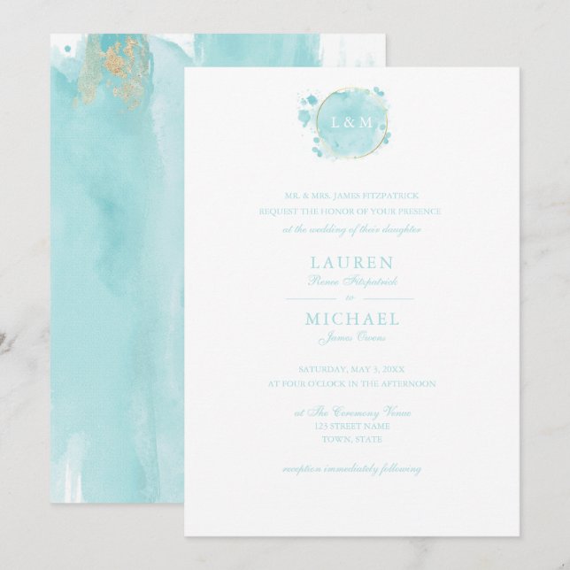 Turkos vattenfärgsinbjudan inbjudningar (Fram/baksida)