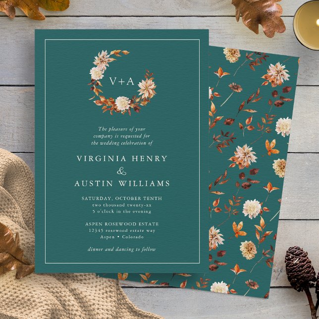 Turkos vigselinbjudan med monogram inbjudningar (Teal Fall Floral Wreath Monogrammed Wedding Invitation by Painted Paperie
)