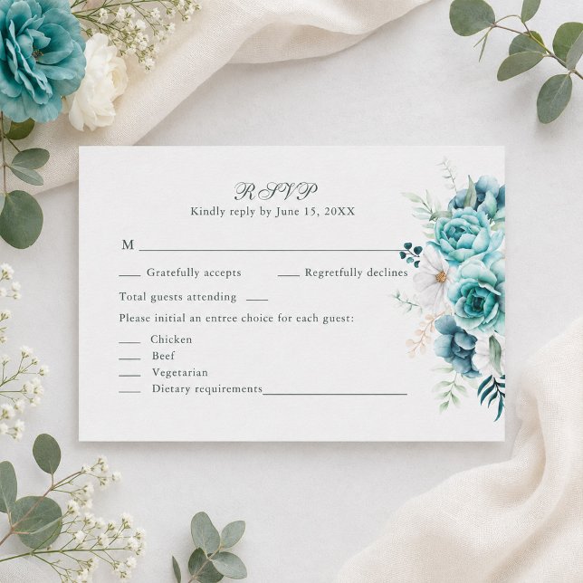 Turkos Vildblomma Botanisk Bröllop Svarskort OSA Kort (Teal Wildflower Botanical Wedding RSVP Card)