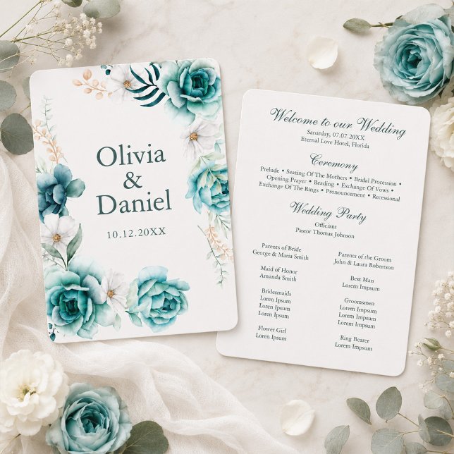 Turkos vildblomma botaniskt bröllopsprogram program (Teal Wildflower Botanical Wedding Program)