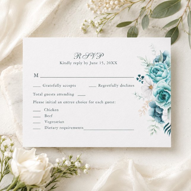 Turkos Vildblomma Bröllop RSVP-kort Tack Kort (Teal Wildflower Wedding RSVP Card)