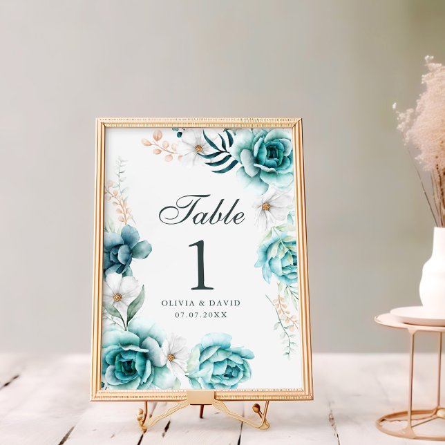 Turkos Vildblomma Bröllops Bord Nummer Skylt (Teal & Off-White Wildflowers Wedding Table Number
)