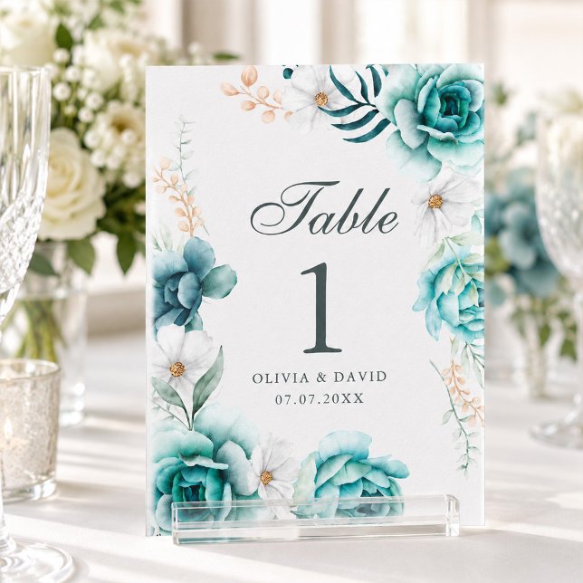 Turkos vildblomma bröllopsbord nummer skylt (Teal Wildflower Wedding Table Number Sign)