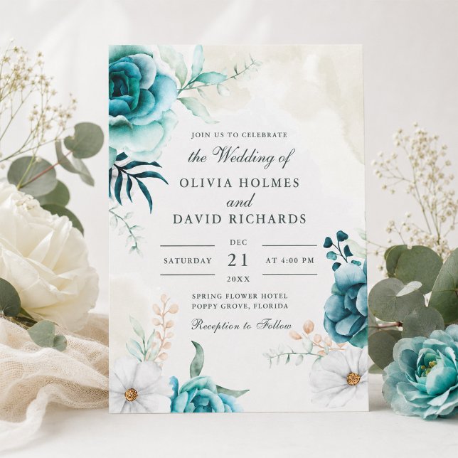 Turkos Vildblomma Bröllopsinbjudan | Boho Trädgård Inbjudningar (Teal Wildflower Wedding Invitation | Boho Garden)
