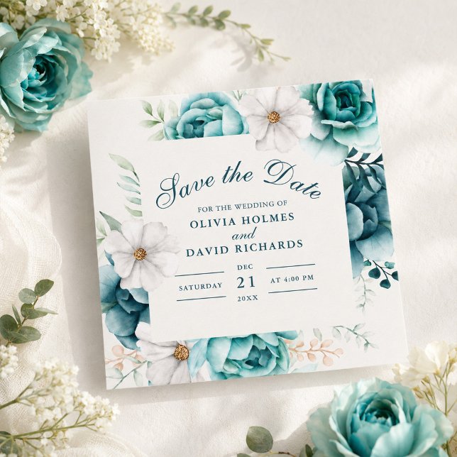 Turkos Vildblomma Spara Datum | Boho Blommig Datumet (Teal Wildflower Save the Date | Boho Floral)