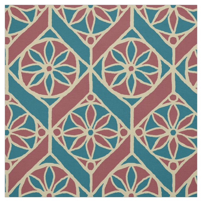Turkos, vinröd, beige etnisk blommig mönster tyg (Provkarta)