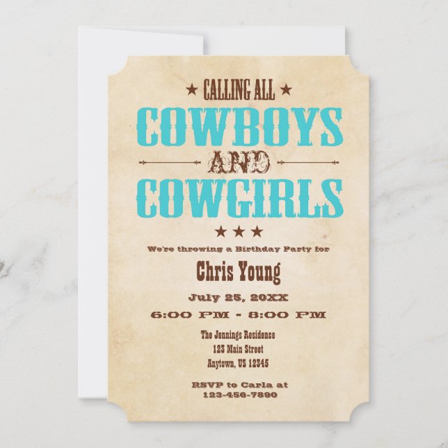Turkos Vintage Cowboy Birthday-inbjudan Inbjudningar (Framsida)
