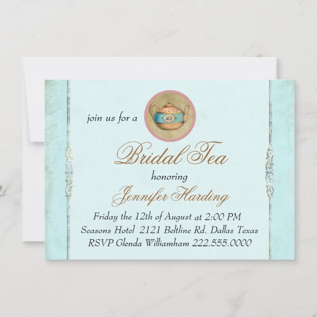 Turkos Vintage Shabby Bröllops Te Party Inbjudningar (Framsida)