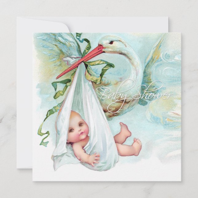 Turkos Vintage Stork Bebis Badrumsfest Inbjudningar (Framsida)