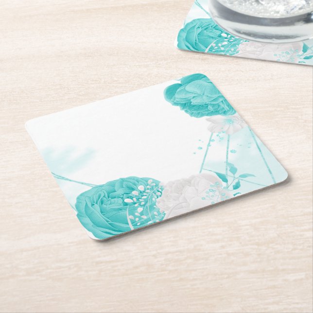 turkos vit blombröllop underlägg papper kvadrat (Vinklad)