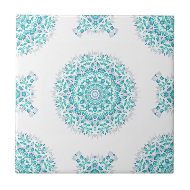 Turkos Vit Blommig Mandala Geometrisk Mönster Kakelplatta (Framsidan)