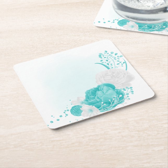 turkos vit blommigt bröllop underlägg papper kvadrat (Vinklad)