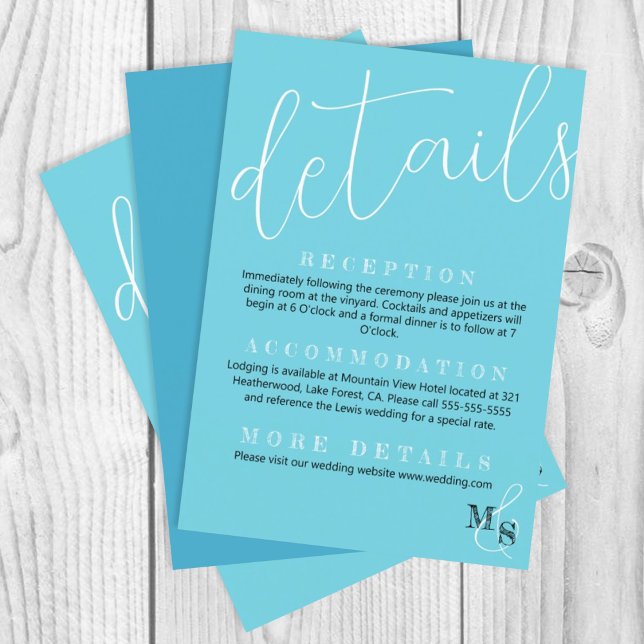 Turkos, Vit Bröllop-detaljbilaga för skript Tilläggskort (elegant simple cyan turquoise wedding details enclosure card, calligraphy script)