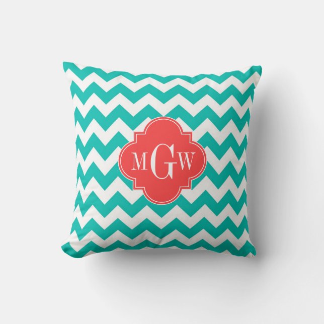 Turkos Vit Chevron Korall Quatrefoil 3 Monogramm Kudde (Framsida)