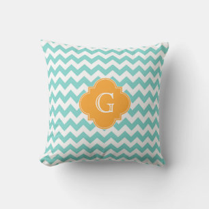 Turkos Vit Chevron Nätmelon Fyrklöver Monogram Kudde