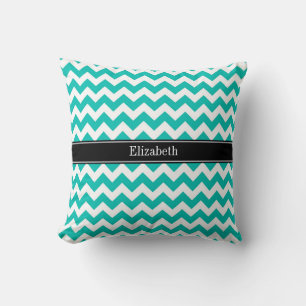 Turkos Vit Chevron ZigZag Svart Namn Monogram Kudde