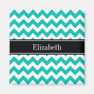 Turkos Vit Chevron ZigZag Svart Namn Monogram Magnet