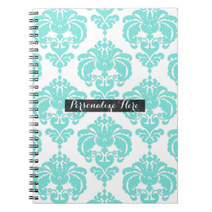 Turkos & Vit Damask Chic Modern Elegant Mönster Anteckningsbok Med Spiral