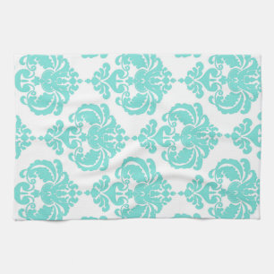 Turkos & Vit Damask Chic Modern Elegant Mönster Kökshandduk