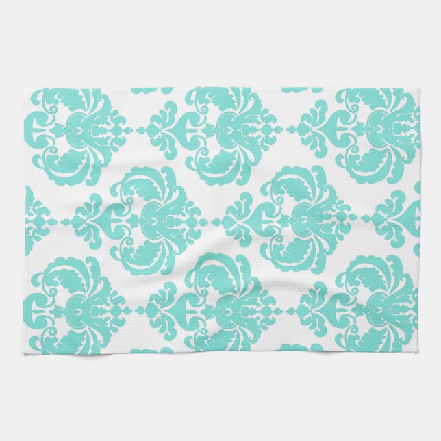 Turkos & Vit Damask Chic Modern Elegant Mönster Kökshandduk (Horisontell)