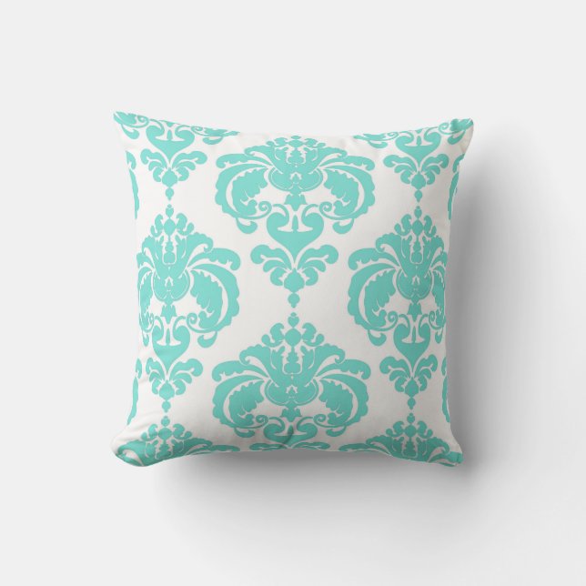 Turkos & Vit Damask Chic Modern Elegant Mönster Kudde (Framsida)