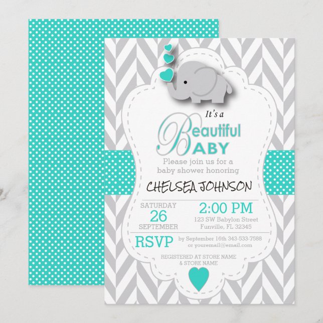 Turkos, vit Grått Elephant Baby Shower Inbjudningar (Fram/baksida)