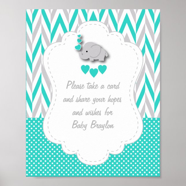 Turkos, vit Grått Elephant Baby Shower Poster (Framsidan)