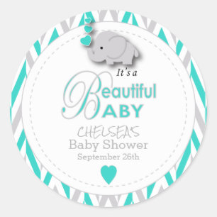 Turkos, vit Grått Elephant Baby Shower Runt Klistermärke