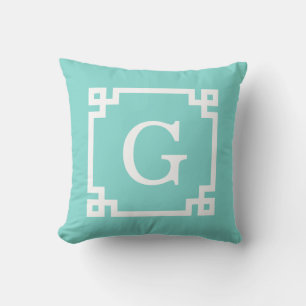 Turkos Vit Grekisk Nyckel Ram #2 Initial Monogramm Kudde