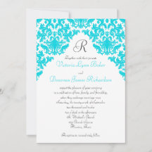 Turkos, vit, svart Damask Monogrammed Inbjudan