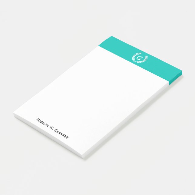 Turkos Vit Vete Lagerkrans Initial Monogram Post-it Block (Vinklad)