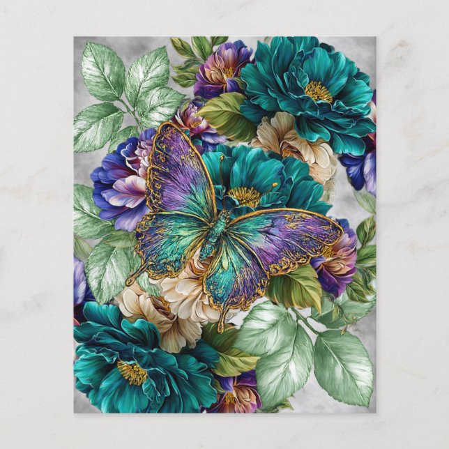 Turkos Vita Lila Blommor & Fjärilar (Framsida)