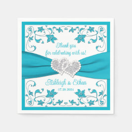 Turkos, Vita, Silver Kärlek Hearts Bröllop Pappersservett