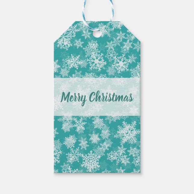 Turkos & Vita Snöflingor Vinter Värld Julfirande Presentetikett (Framsidan)