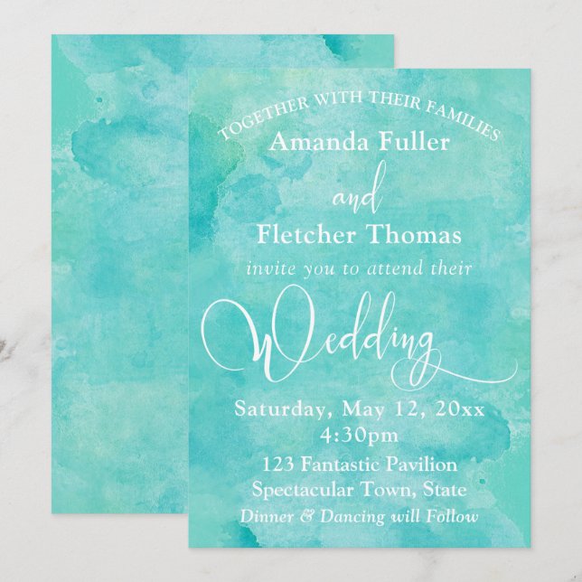 Turkos Watercolor Elegant Typografi Bröllop 3 Inbjudningar (Fram/baksida)