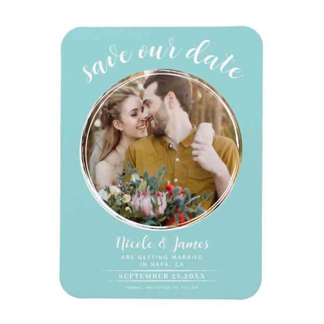 Turkos & White Modern Round Photo Save Date Magnet (Vertikal)