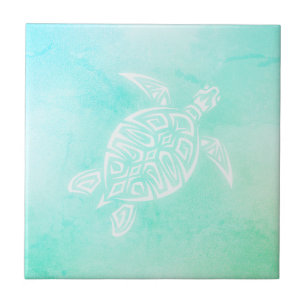 Turkos White Turtle Coastal Maritime Watercolor Kakelplatta