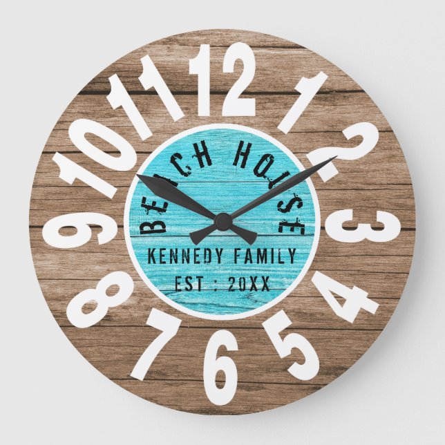 Turkos Wood Brown Beach House White Big Numbers Stor Klocka (Framsida)