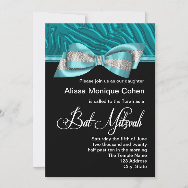 Turkos Zebra Bat Mitzvah-inbjudan Inbjudningar (Framsida)