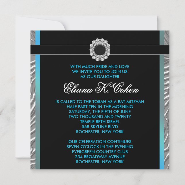 Turkos Zebra Bat Mitzvah Inbjudningar (Baksida)