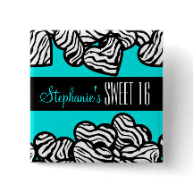 Turkos zebra hjärta Sweet 16 Birthday Button
