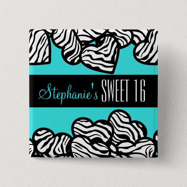 Turkos zebra hjärta Sweet 16 Birthday Button Knapp (Framsida)