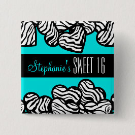 Turkos zebra hjärta Sweet 16 Birthday Button Knapp
