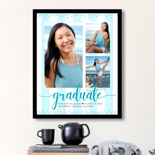Turkosblå Grad 3 Foto Glitter Skript Ränder Poster (Skapare uppladdad)